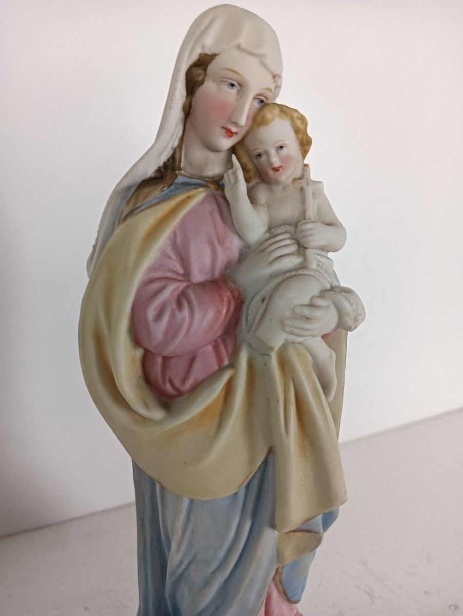 Antique Porcelain Bisque Statue Virgin Mary Our Lady Madonna With Infant Beautif photo for sale