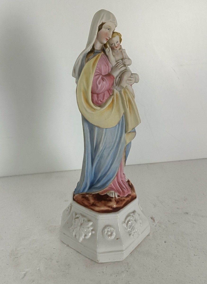 Antique Porcelain Bisque Statue Virgin Mary Our Lady Madonna With Infant Beautif photo Art