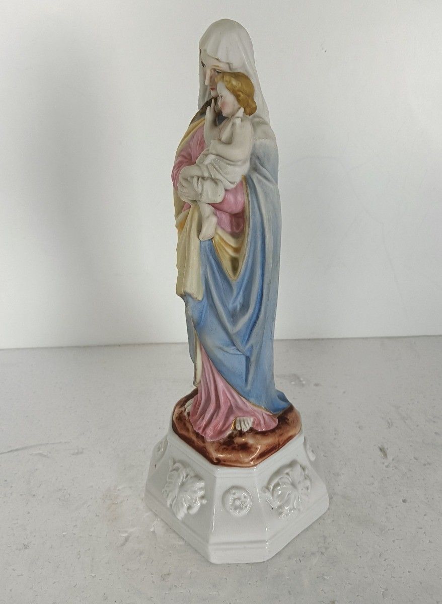 Antique Porcelain Bisque Statue Virgin Mary Our Lady Madonna With Infant Beautif photo 162.0