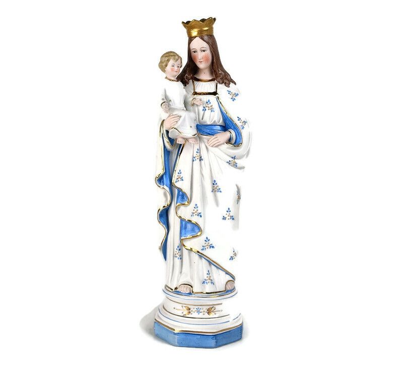 Vintage Porcelain Bisque Statue Virgin Mary Our Lady Madonna Infant Child Jesus
