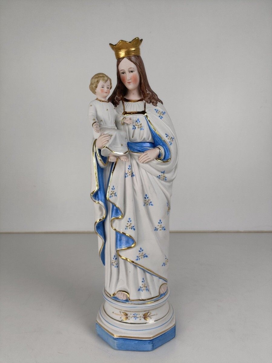 Vintage Porcelain Bisque Statue Virgin Mary Our Lady Madonna Infant Child Jesus photo furniture