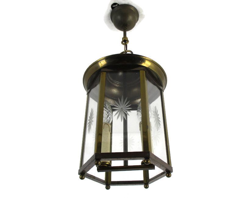 Hall Lamp Chandelier Etched Glass Vintage Hanging Light 2 Lights