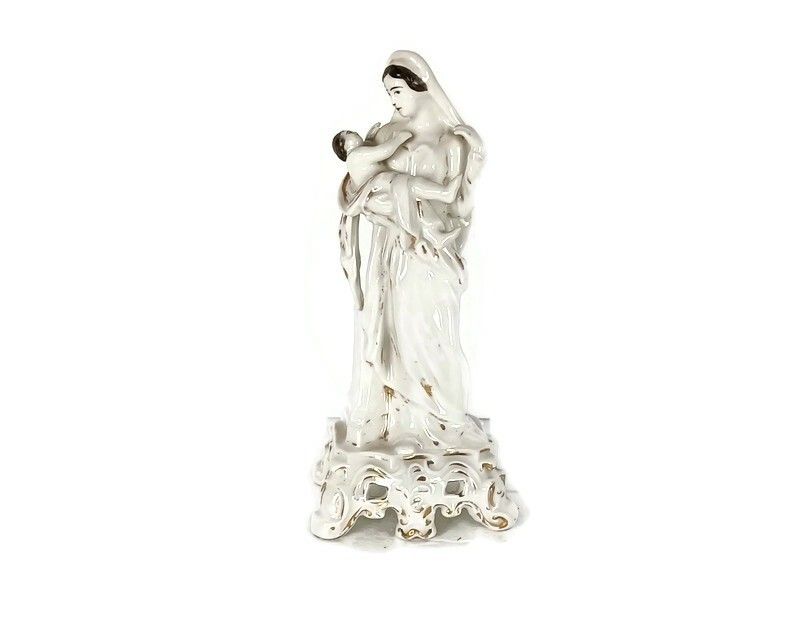 Antique 1900 Vieux Paris Porcelain Bisque Statue Virgin Mary Madonna With Infant
