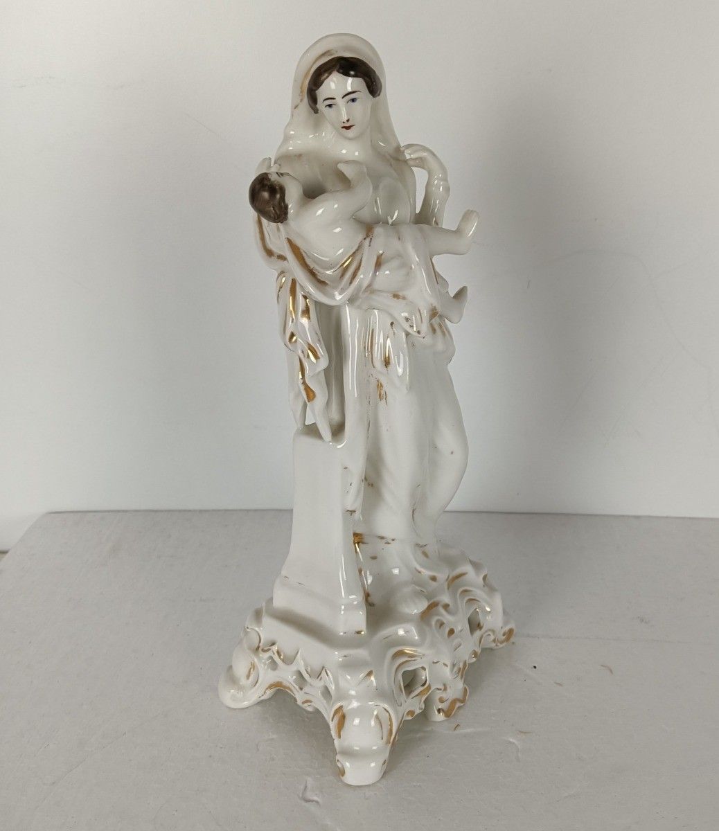 Antique 1900 Vieux Paris Porcelain Bisque Statue Virgin Mary Madonna With Infant photo for sale