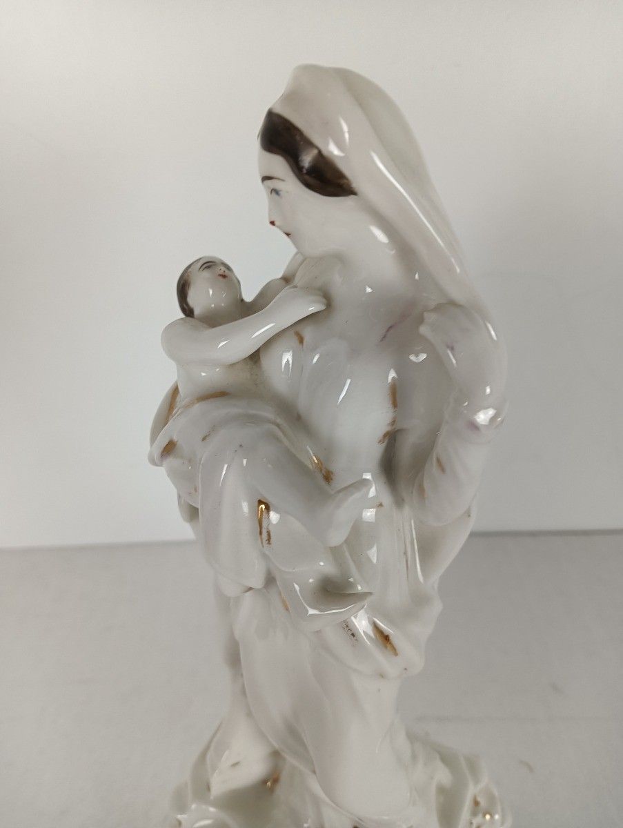 Antique 1900 Vieux Paris Porcelain Bisque Statue Virgin Mary Madonna With Infant photo Art