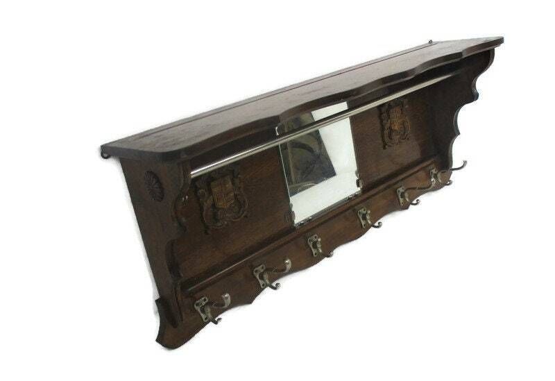 Vintage Hand Carved Wood Wall Shelf Coat Hat Kitchen Rack Shields Mid Century Fr