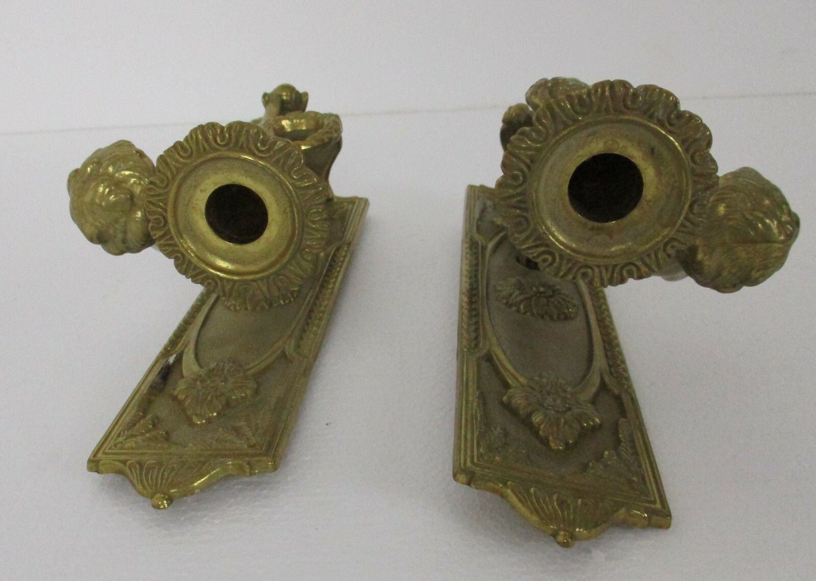 Pair Gorgeous Wall Mounted Sconces Candle Holders Putti Cherub Angels Brass photo vinterior