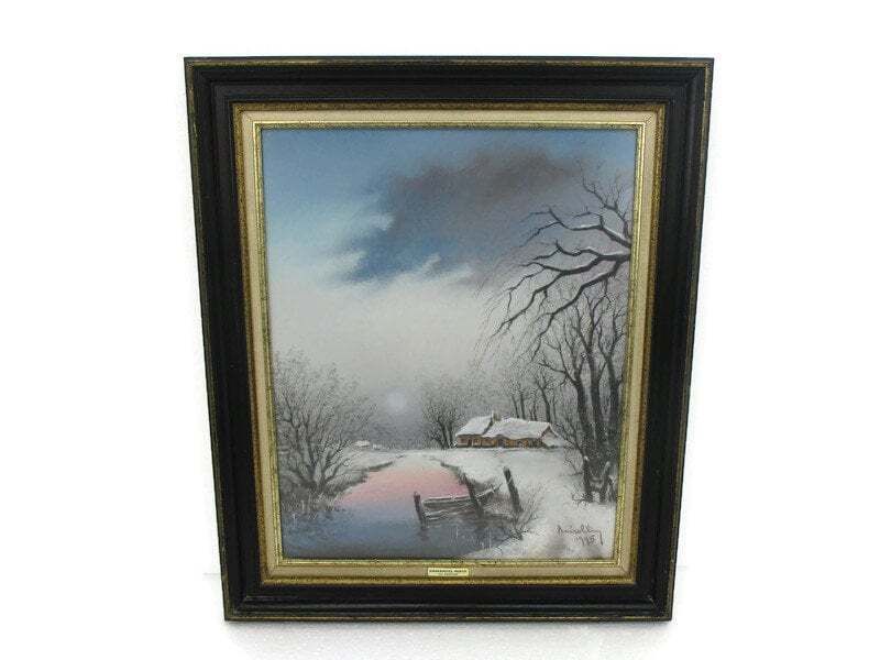 Crayon Painting Framed Glass Gorgeous Winter Landscape Signed Emmanuel Nisol Aka