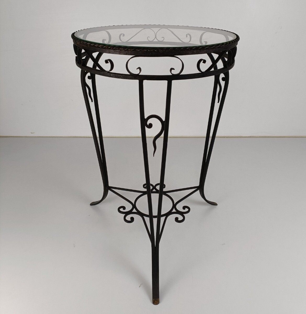 Vintage Wrought Iron Glass Top Side Table Pedestal Plant Stand Bonsai Table Mid photo Furniture