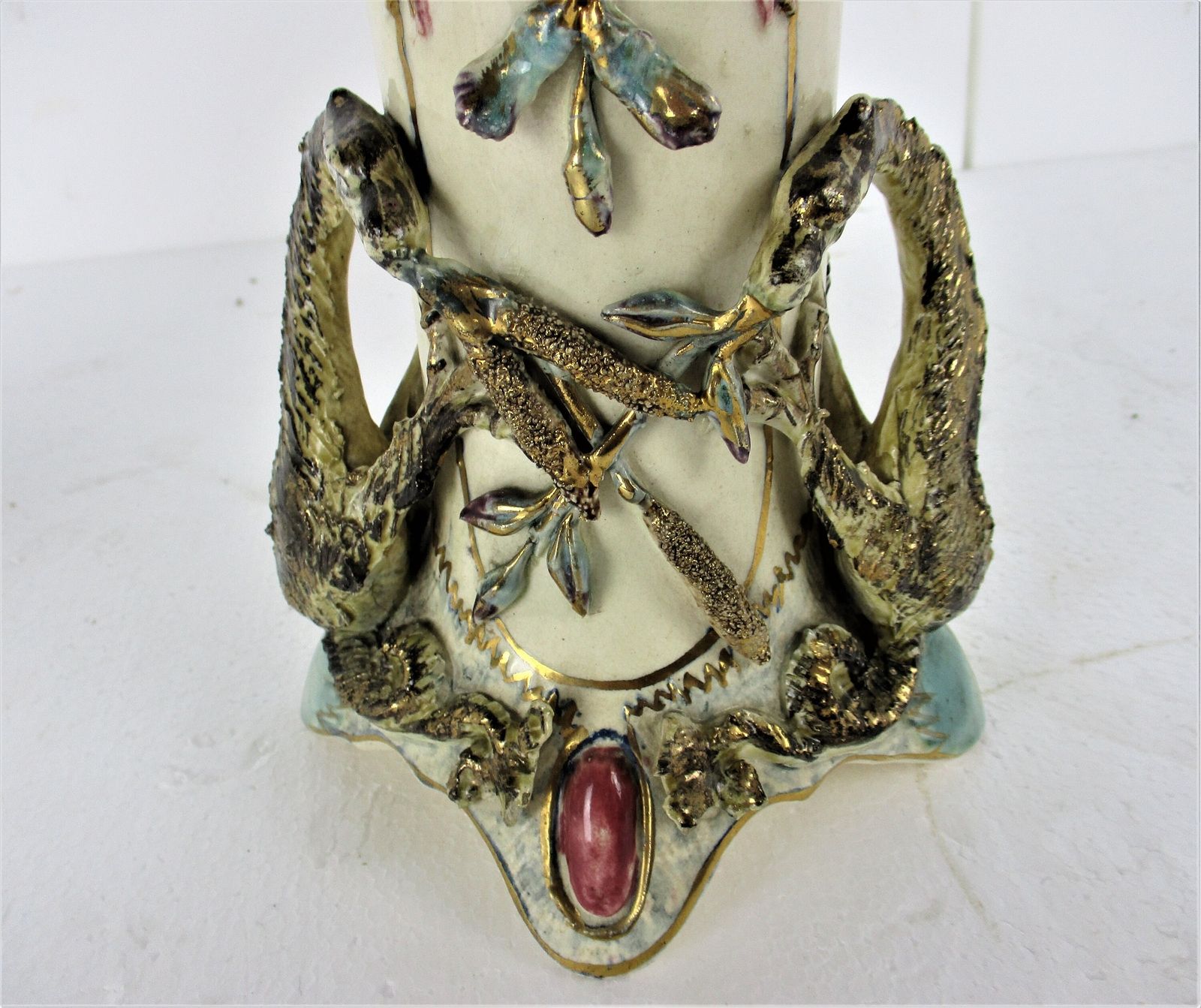 Set Of 2 Pair French Barbotine Majolica Vases Planters Centerpiece Gorgeous Flow photo furniture