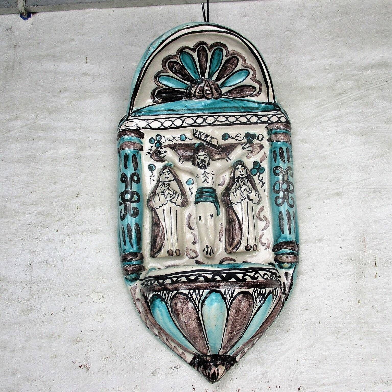 Xl Holy Water Font Vintage Italian Ceramic Marked G. M.Blue White Htf 13.18&Quot photo furniture