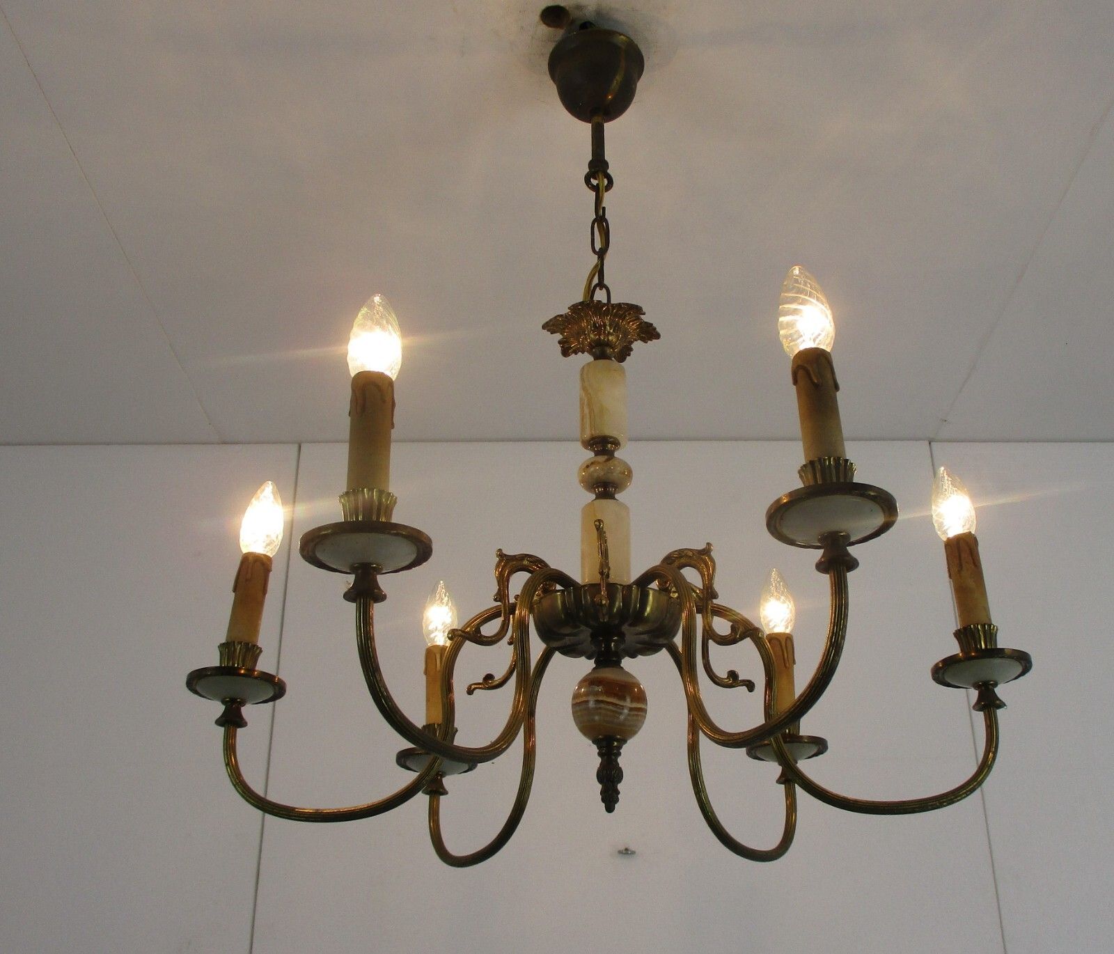 Chandelier 6 Arms Lights Hollywood Regency Brass Marble Parts Brass photo for sale