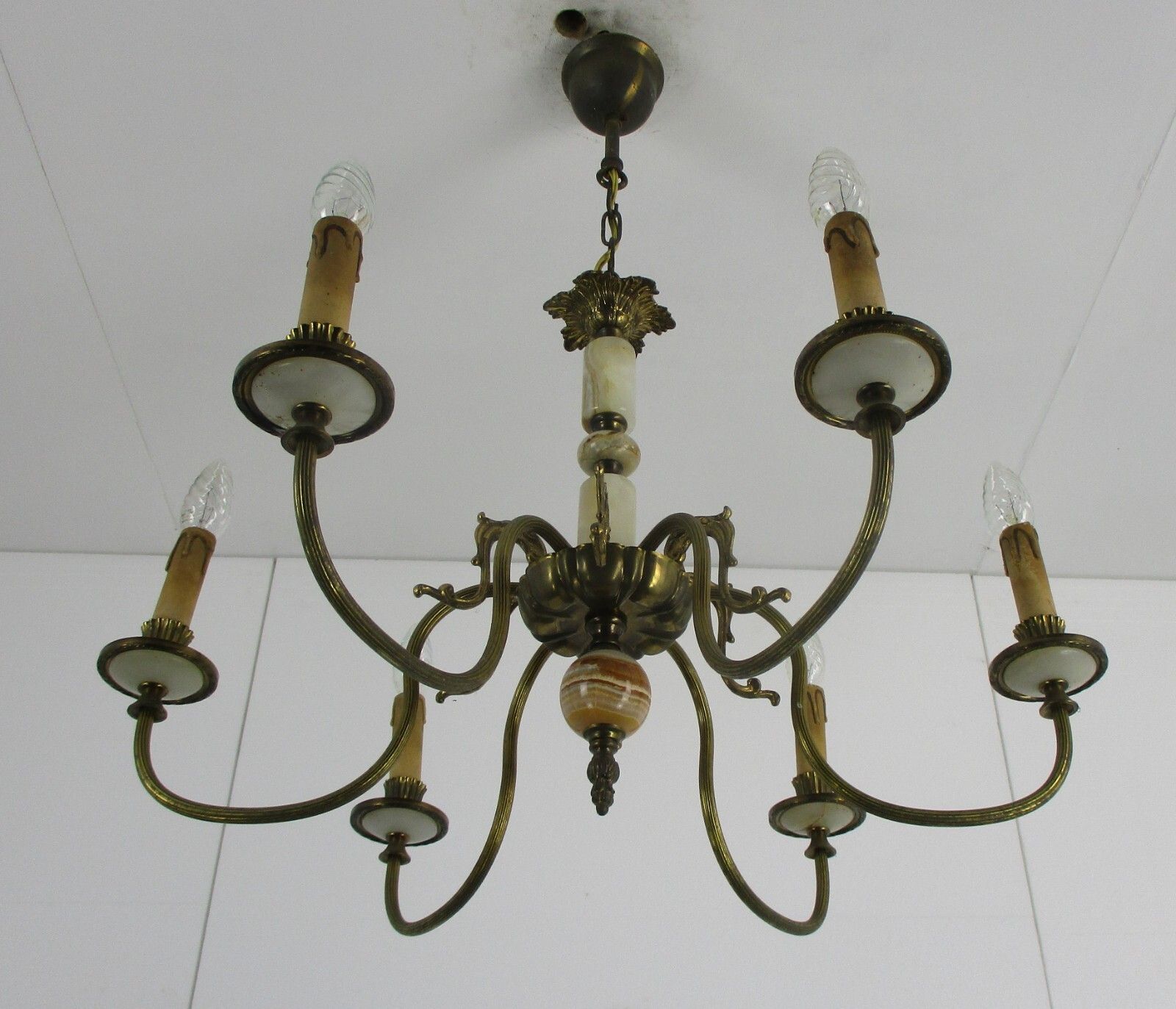 Chandelier 6 Arms Lights Hollywood Regency Brass Marble Parts Brass photo Lighting