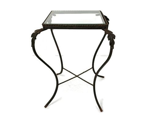 Vintage Wrought Iron Glass Top Side Porch Table Occasional Wine Table Plant Stan