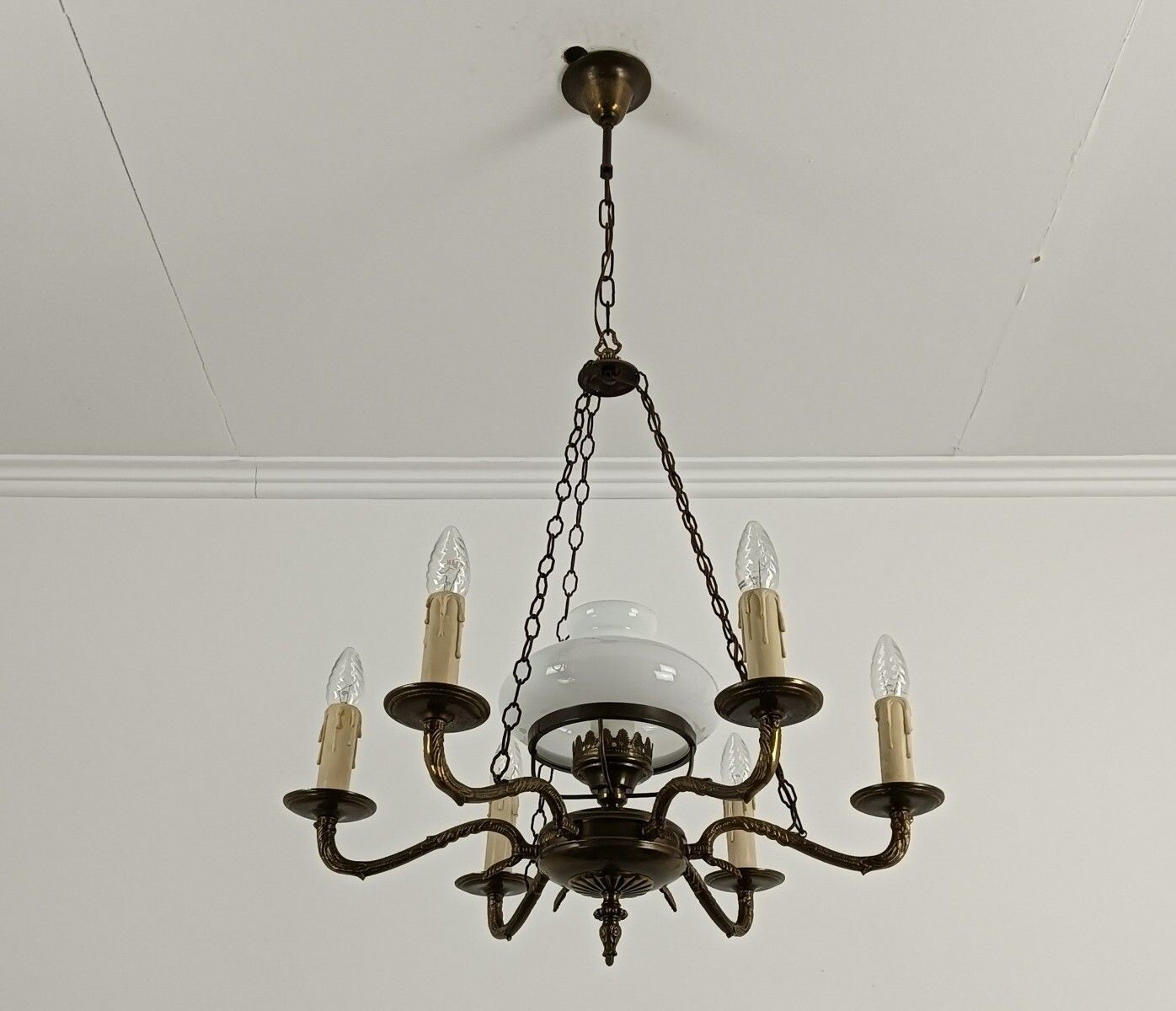 Ornate Brass Chandelier With White Glass Shade Lampe Belge Vintage Empire Style photo 323.0