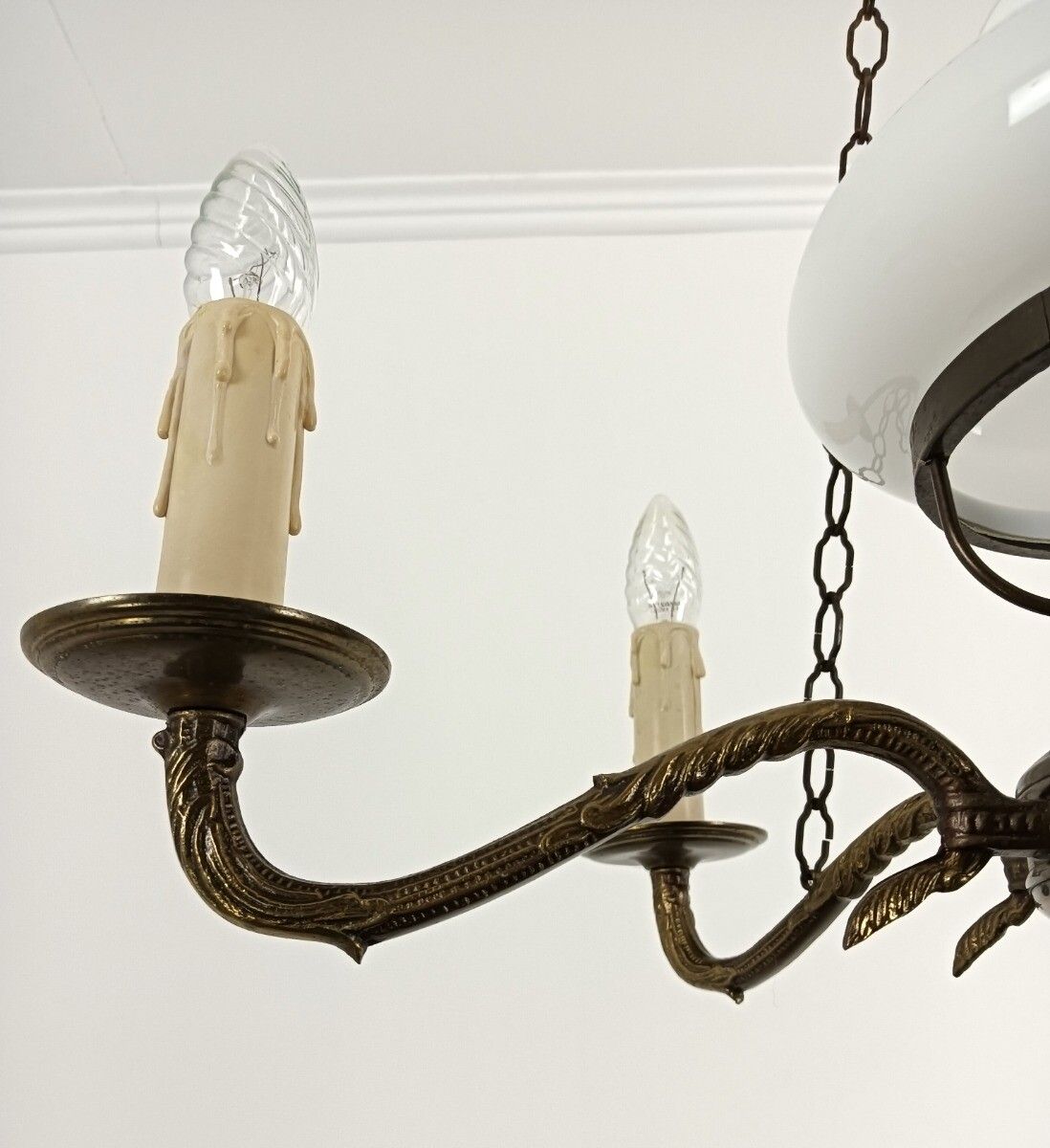 Ornate Brass Chandelier With White Glass Shade Lampe Belge Vintage Empire Style photo vinterior