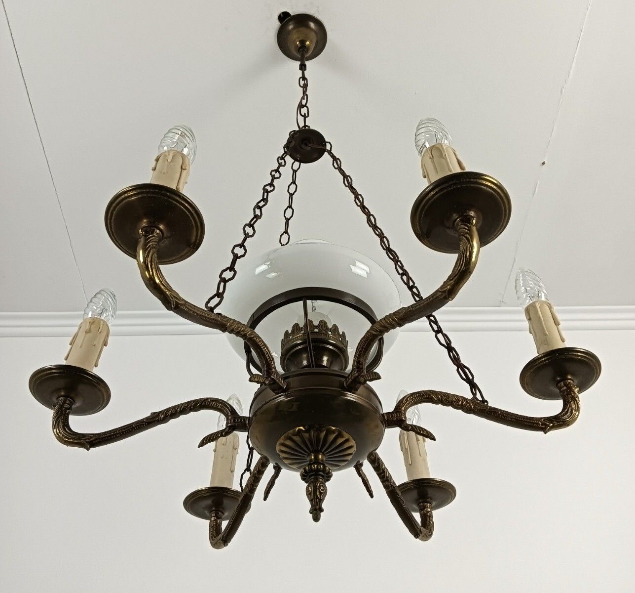 photo for sale Ornate Brass Chandelier With White Glass Shade Lampe Belge Vintage Empire Style