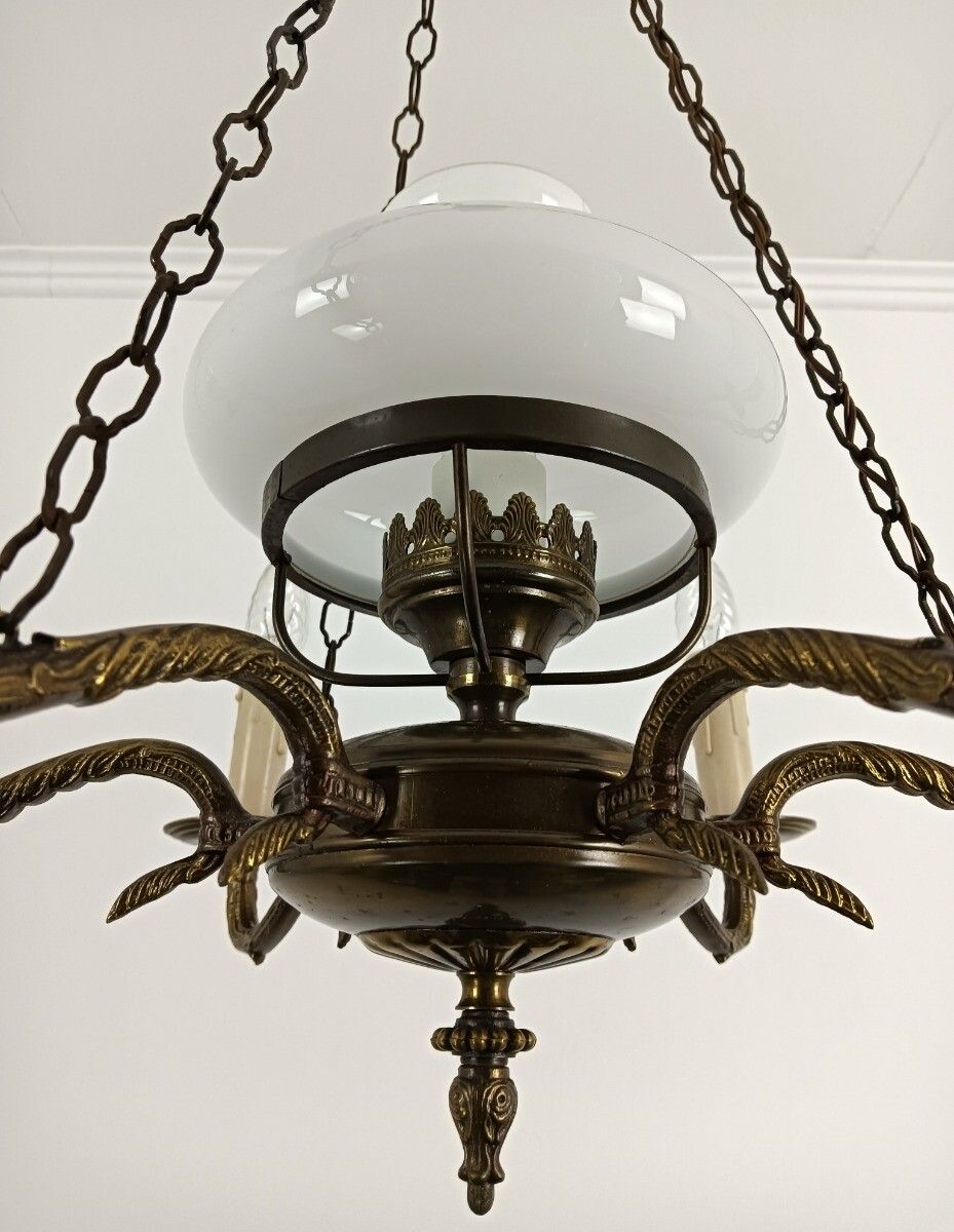 323.0 Ornate Brass Chandelier With White Glass Shade Lampe Belge Vintage Empire Style photo