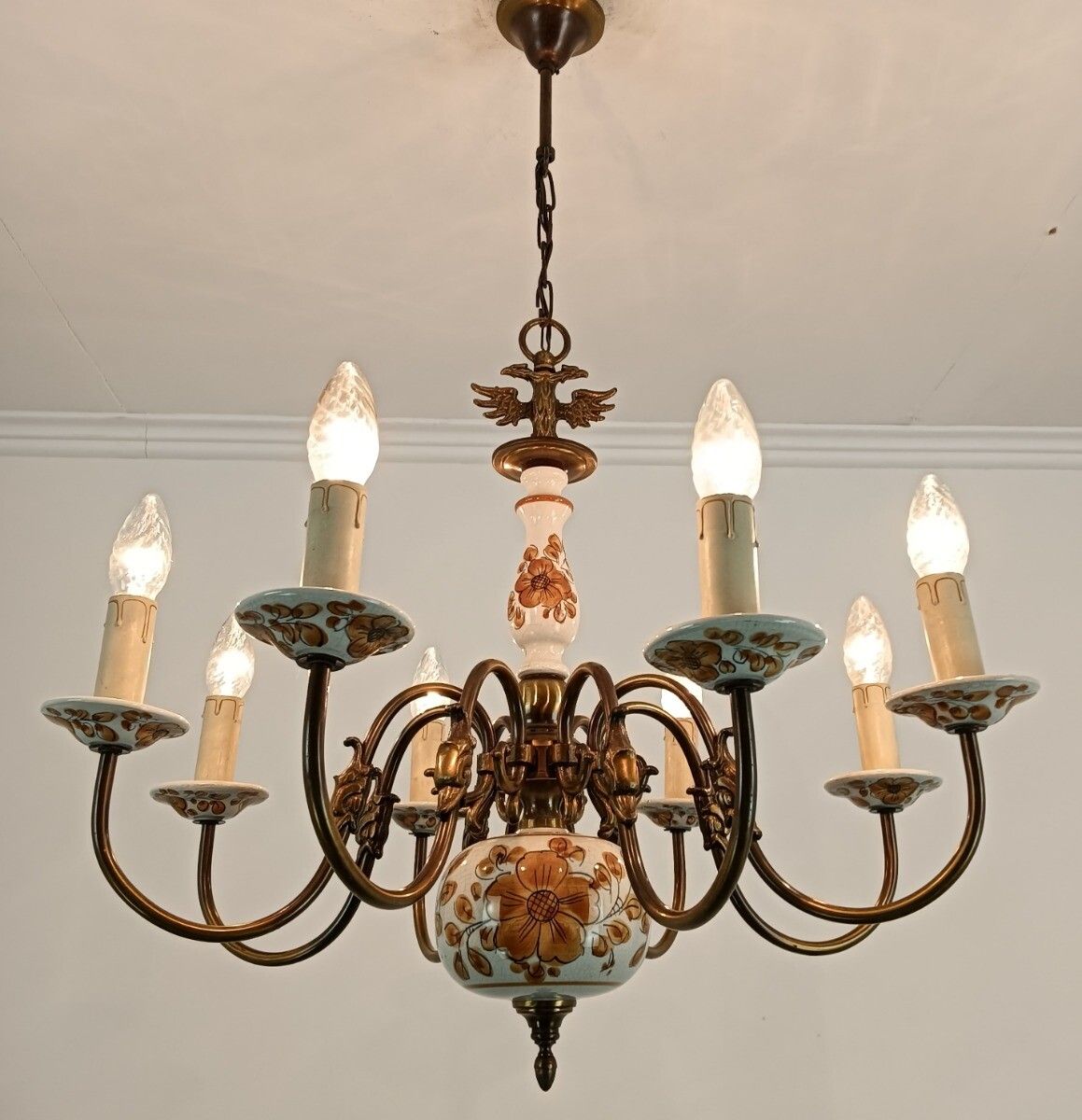 Chandelier Pottery Faience Porcelain Brass Flemish Dutch Style Eagles Polychrome photo furniture