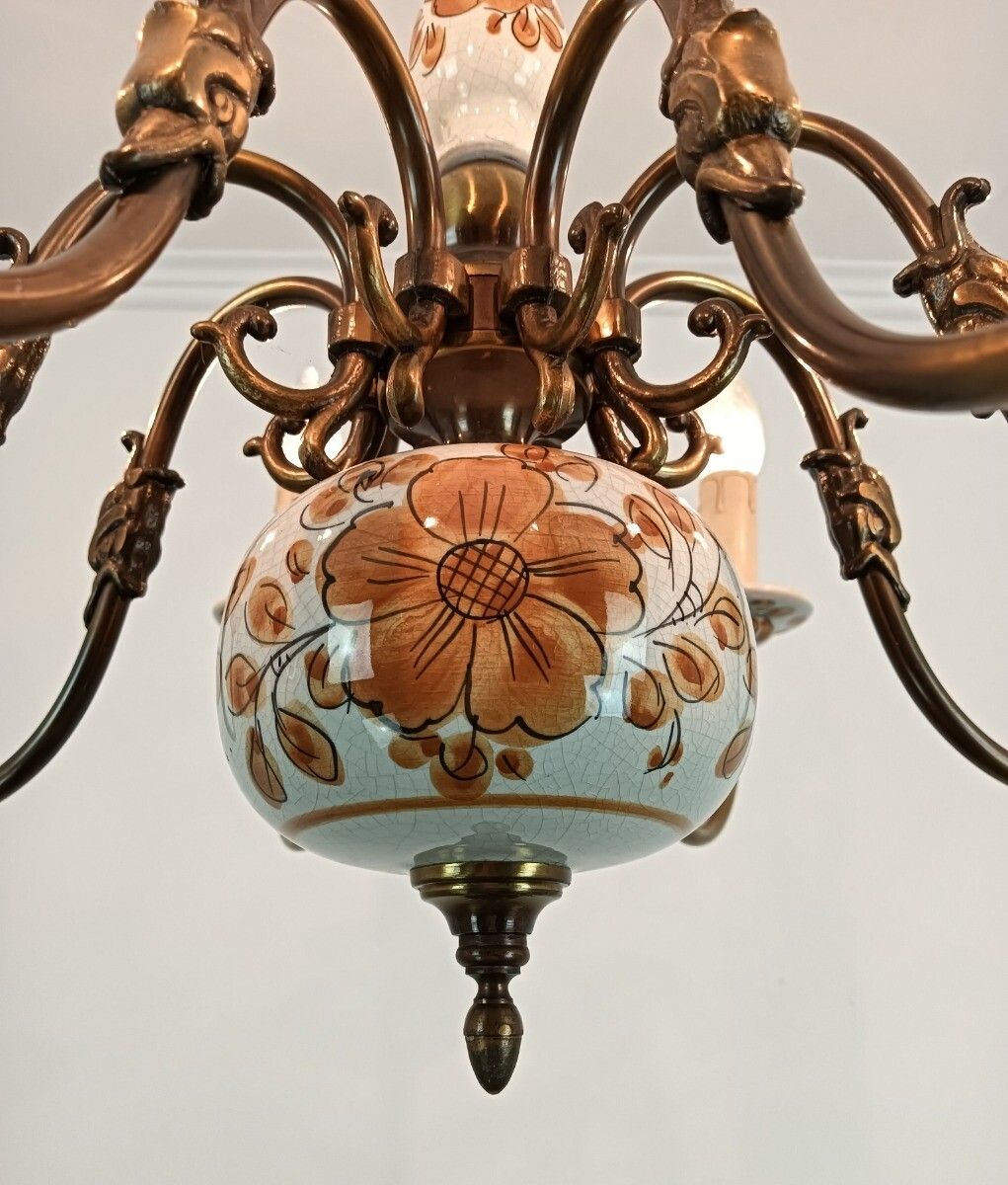 photo furniture Chandelier Pottery Faience Porcelain Brass Flemish Dutch Style Eagles Polychrome