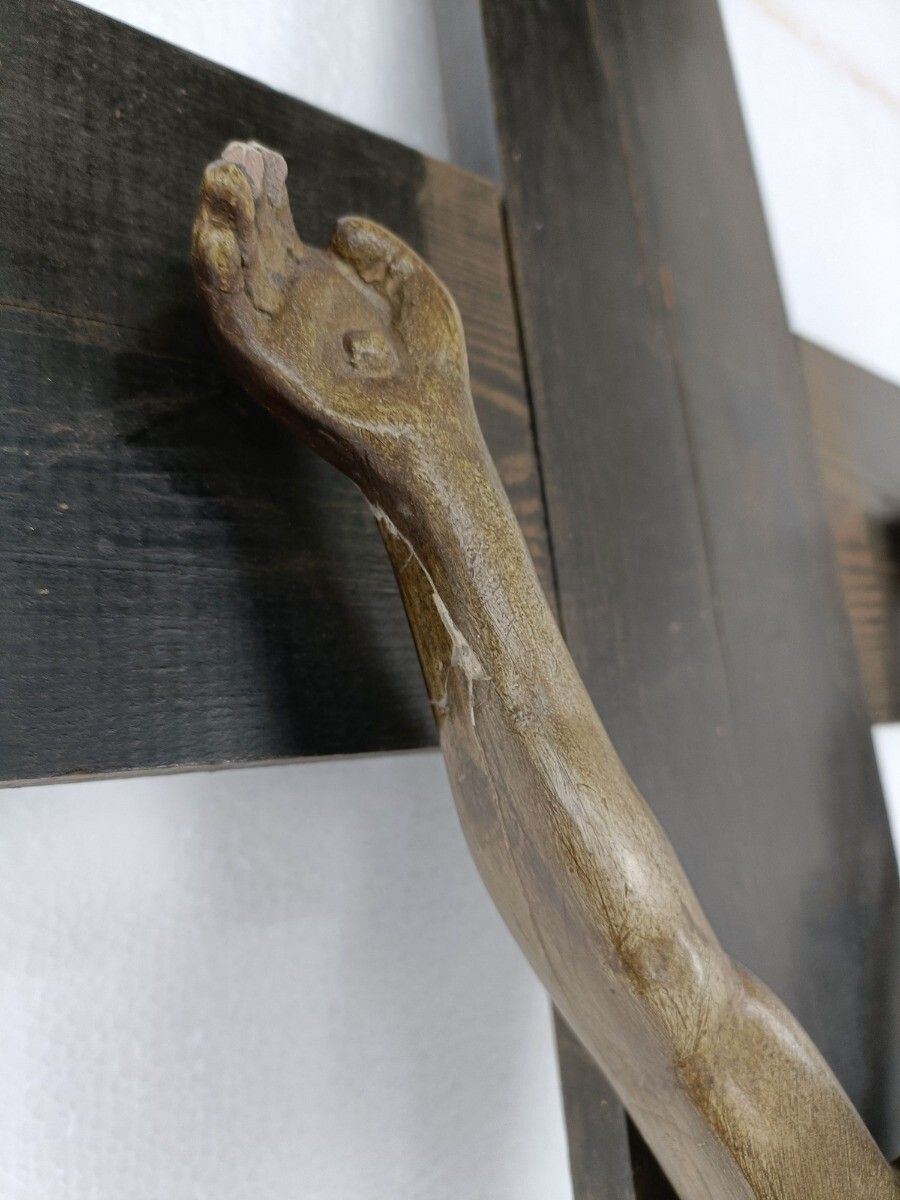 Xl Wood Hanging Church Crucifix Plaster Dramatic Corpus Piece Of Art Chapel Vint photo vintage
