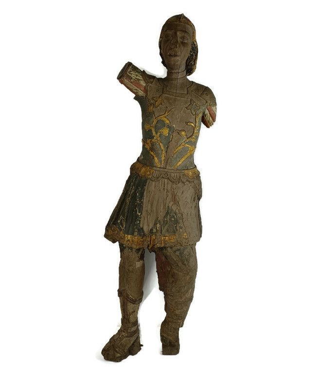 Exceptional Antique Hand Carved Wooden Statue 16th 17th Century Archangel Michae