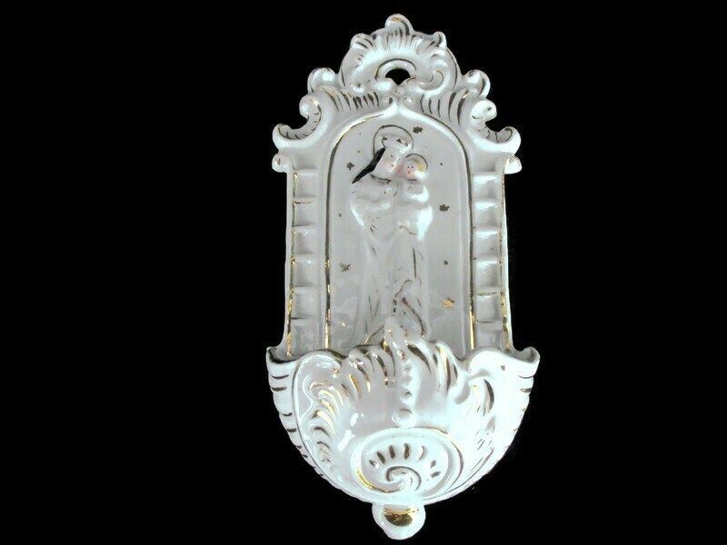 Antique French Holy Water Font Vessel Bisque Porcelain Virgin Mary Madonna With