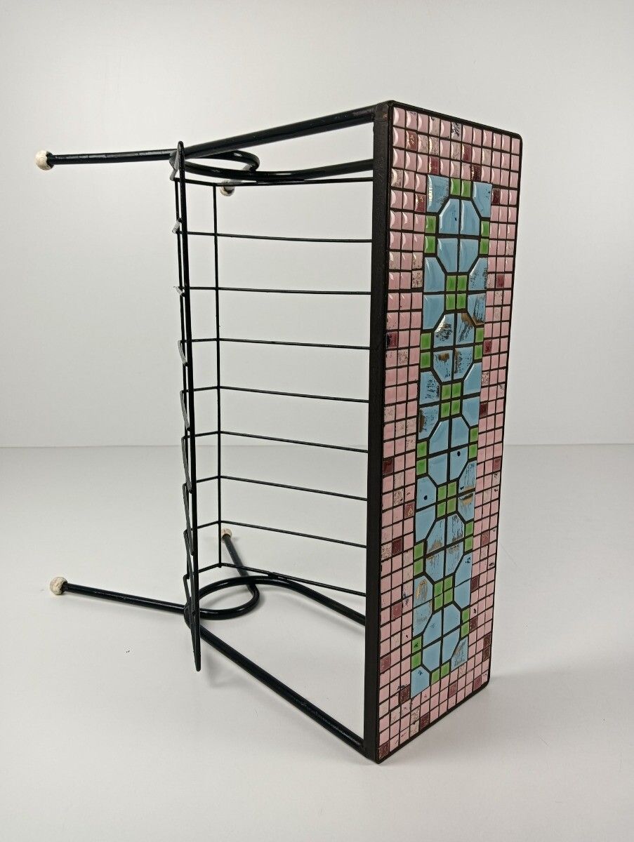 Vintage Wrought Iron Mid Century Magazine Rack Newspaper Basket Side Table Mosai photo 283.0