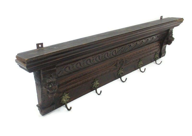 Hand Carved Wood Oak Coat Hat Kitchen Hallway Rack Ornate Lion Heads Wow Xl