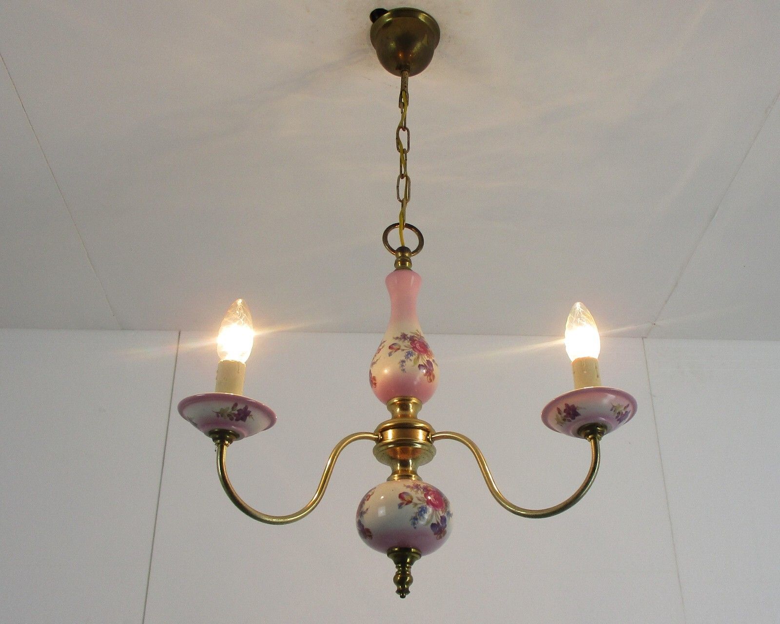 Romantic Chandelier 3 Arm Brass Pink Porcelain Flowers Mid Century Modern Italy photo furniture