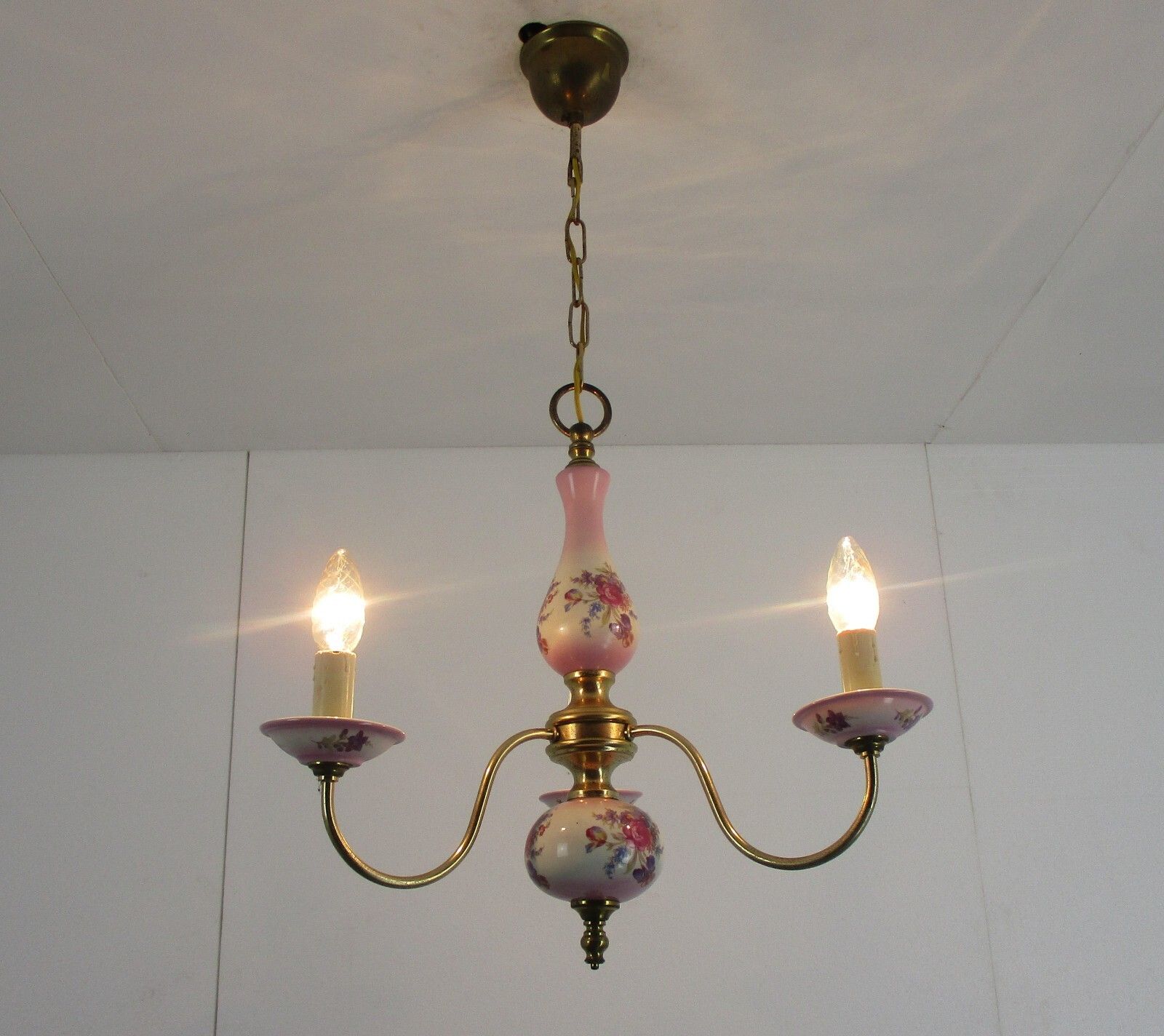 Romantic Chandelier 3 Arm Brass Pink Porcelain Flowers Mid Century Modern Italy photo for sale