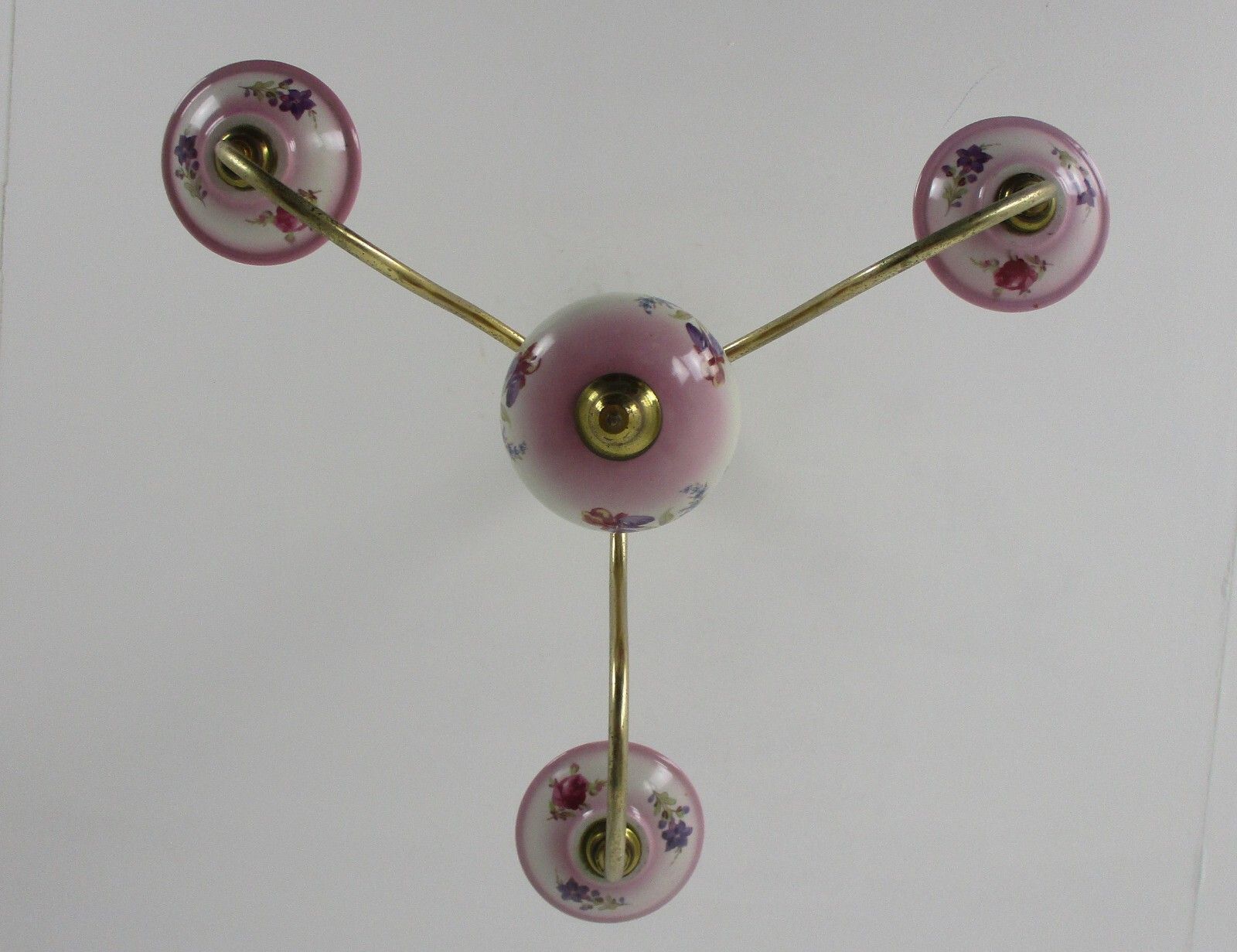 Romantic Chandelier 3 Arm Brass Pink Porcelain Flowers Mid Century Modern Italy photo vinterior