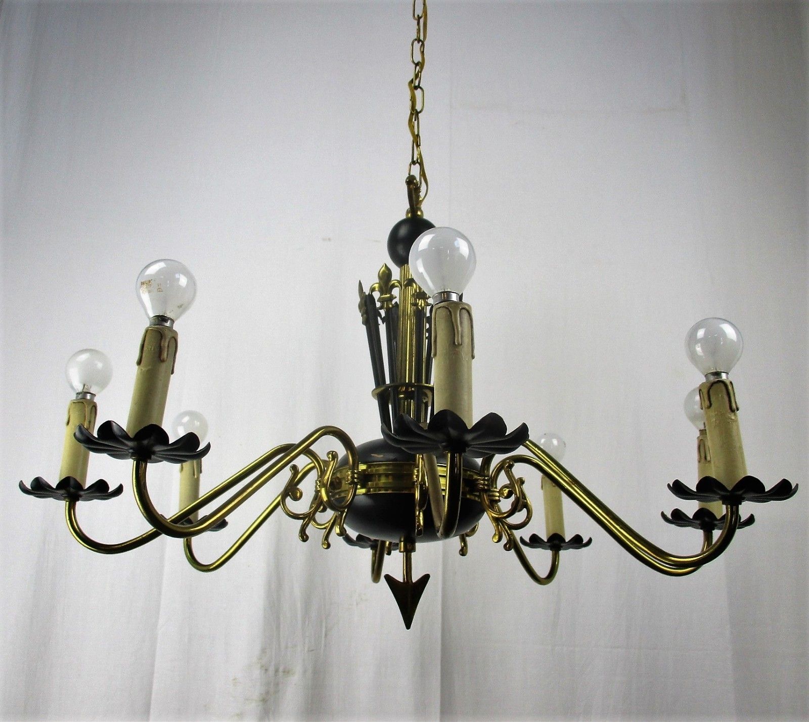 French Wooden Brass 8 Arms Lights Chandelier French Empire Fleur De Lis Rare Htf photo for sale