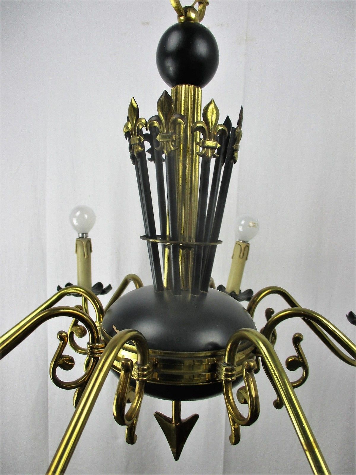 631.0 French Wooden Brass 8 Arms Lights Chandelier French Empire Fleur De Lis Rare Htf photo