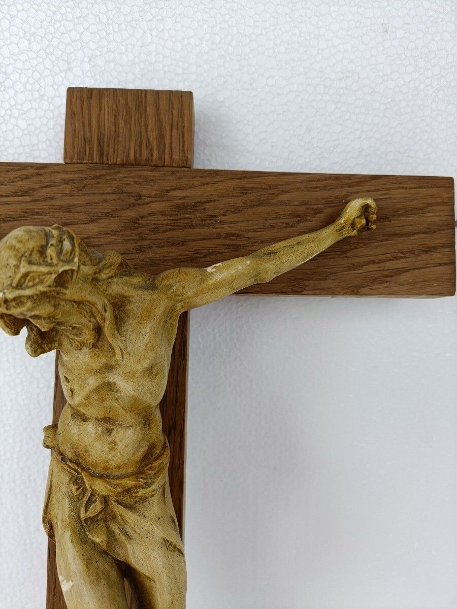 Xl Wooden Hanging Church Crucifix Plaster Dramatic  Corpus Piece Of Art photo vinterior