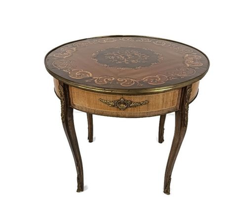 Round Italian Marquetry Wood Inlay Brass Trims Side Coffee Table Baroque Style V