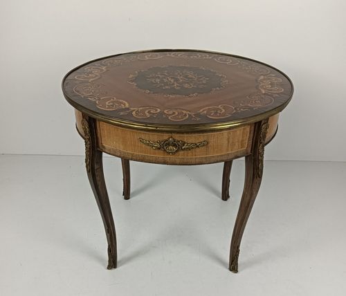 Round Italian Marquetry Wood Inlay Brass Trims Side Coffee Table Baroque Style V photo Furniture