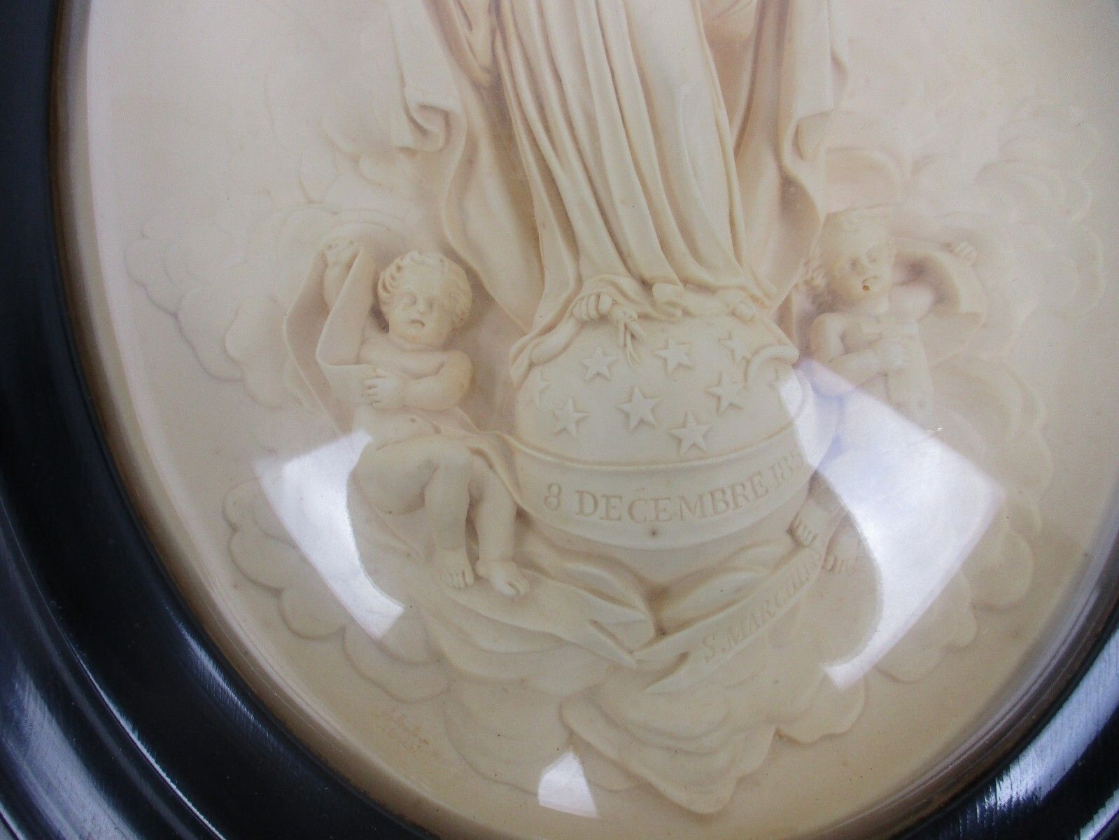 Antique Ornate Frame  Convex Glass Dome Wood Virgin Mary Ascension Htf Collector photo for sale