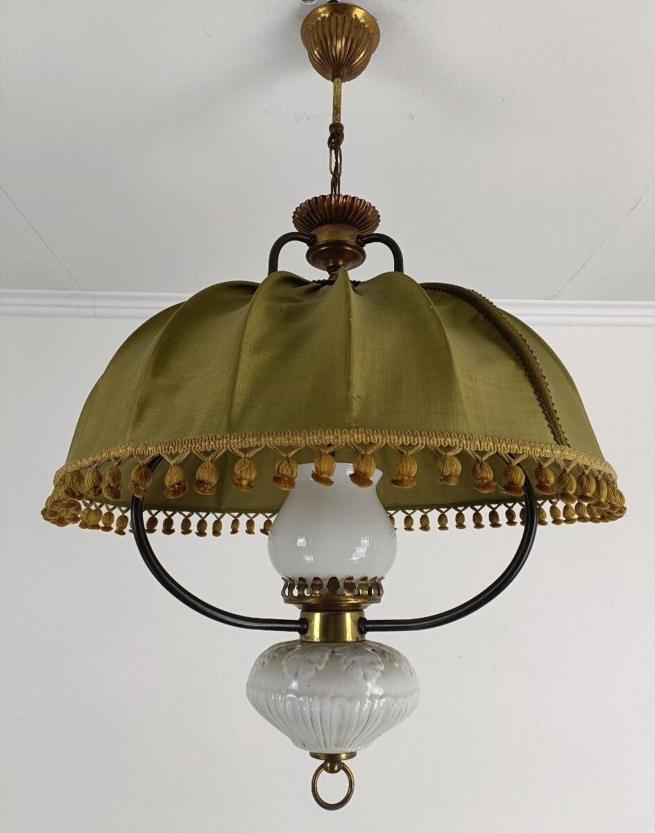 Special Chandelier Pendant Brass Glass Porcelain Fabric Antique 1 Light Fixture photo for sale