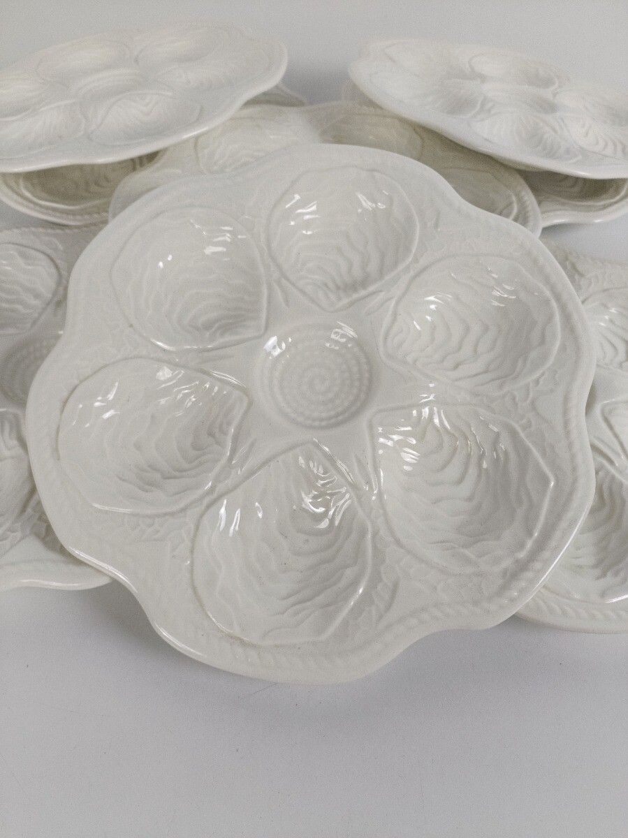 Set Of 8 Oyster Seafood Plates Porcelain Faience Hand Painted White Very Stylish photo for sale