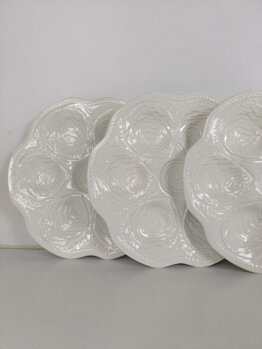 Set Of 8 Oyster Seafood Plates Porcelain Faience Hand Painted White Very Stylish photo vinterior