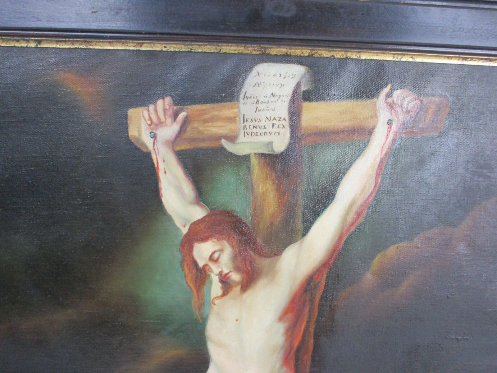 19th C Religious Scene Painting Oil On Canvas Crucifixion Framed Deknudt Wow photo furniture