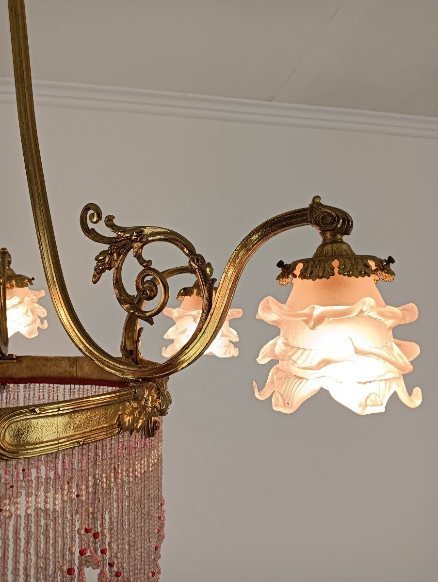 Bohemian Chic Bronze Dore Brass Chandelier Spaghetti Prisms Flower Shades 6 Ligh photo 647.0