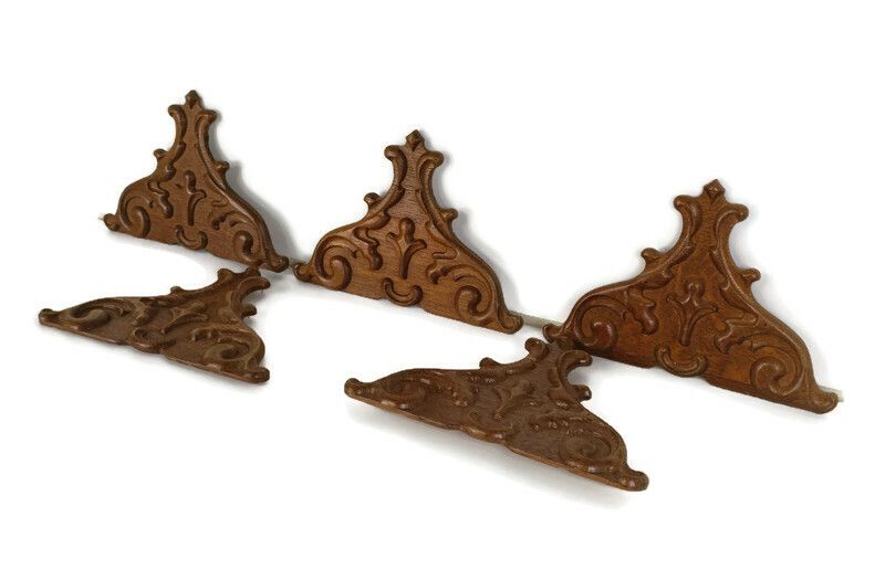 Set Of 5 Small Hand Carved Wooden Pediments Antique Trims Corbels Reclaimed Arch