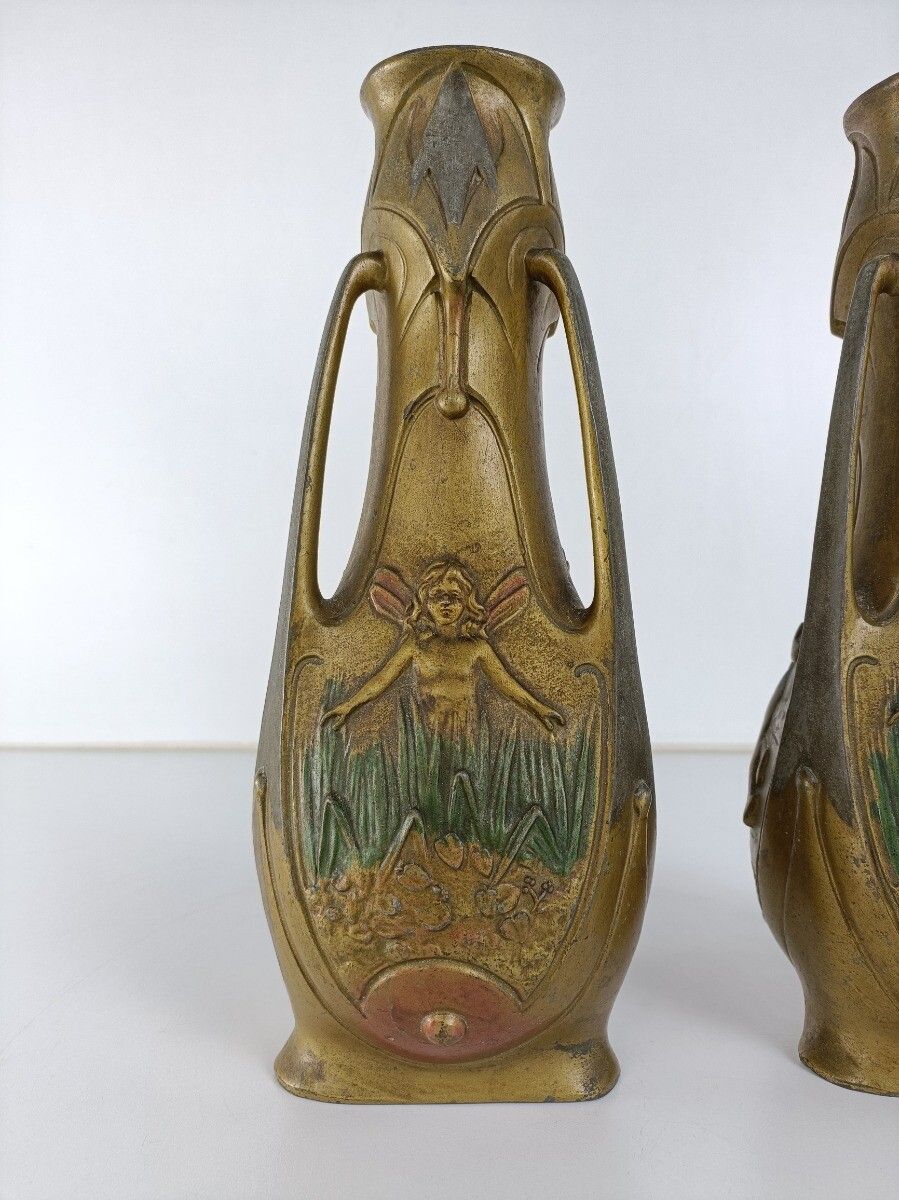 Art Nouveau Fairy Vase Pair By Jean Garnier, French Antique Jugendstil Signed photo 728.0
