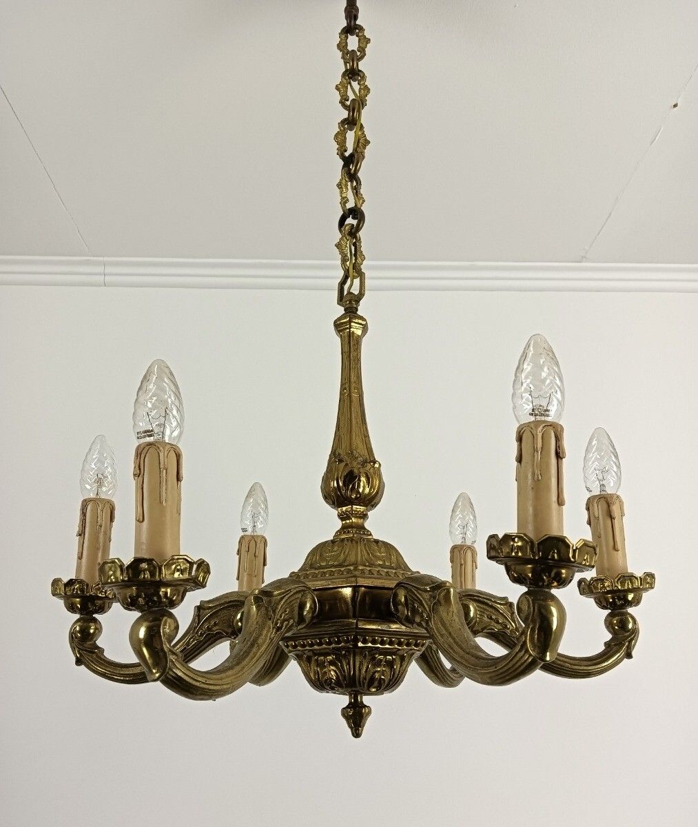 Art Nouveau Antique Chandelier Hammer Copper 6 Lights Beautiful Fixture photo for sale