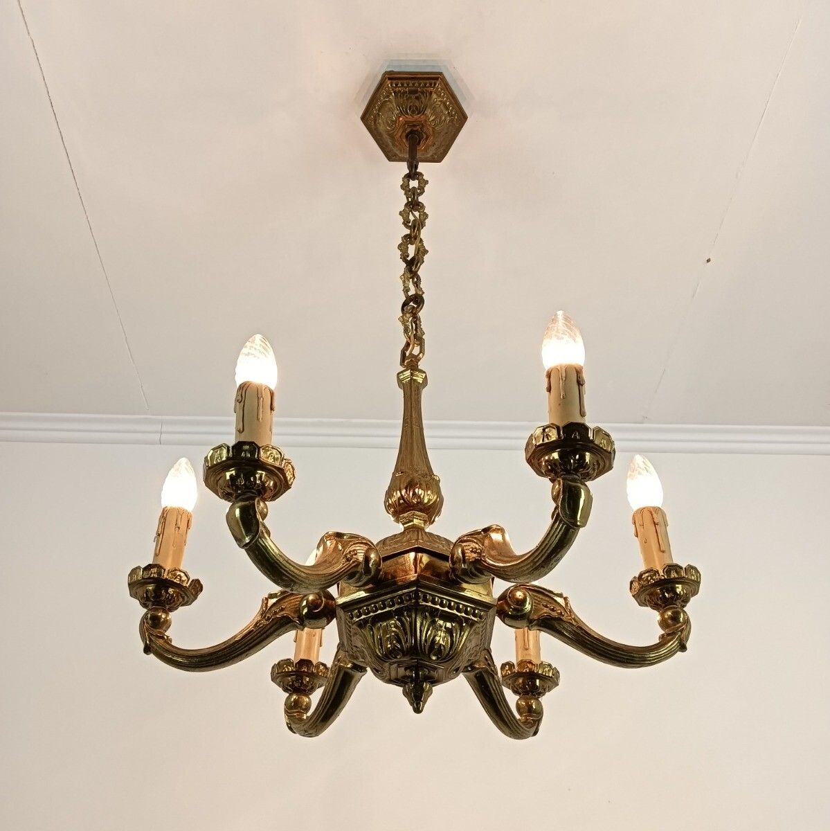 Art Nouveau Antique Chandelier Hammer Copper 6 Lights Beautiful Fixture photo Lighting