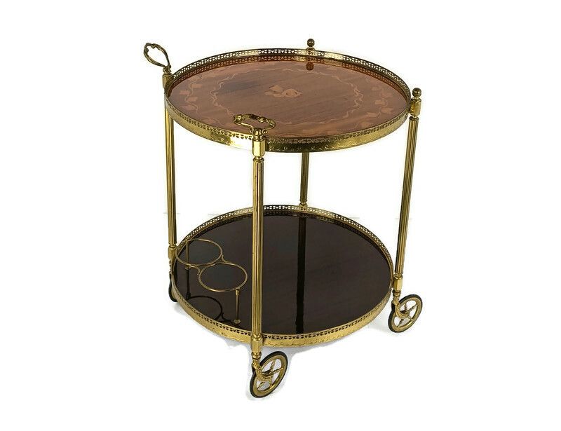 Round Italian Bar Cocktail Tea Cart Trolley Italian Hollywood Regency Marquetry