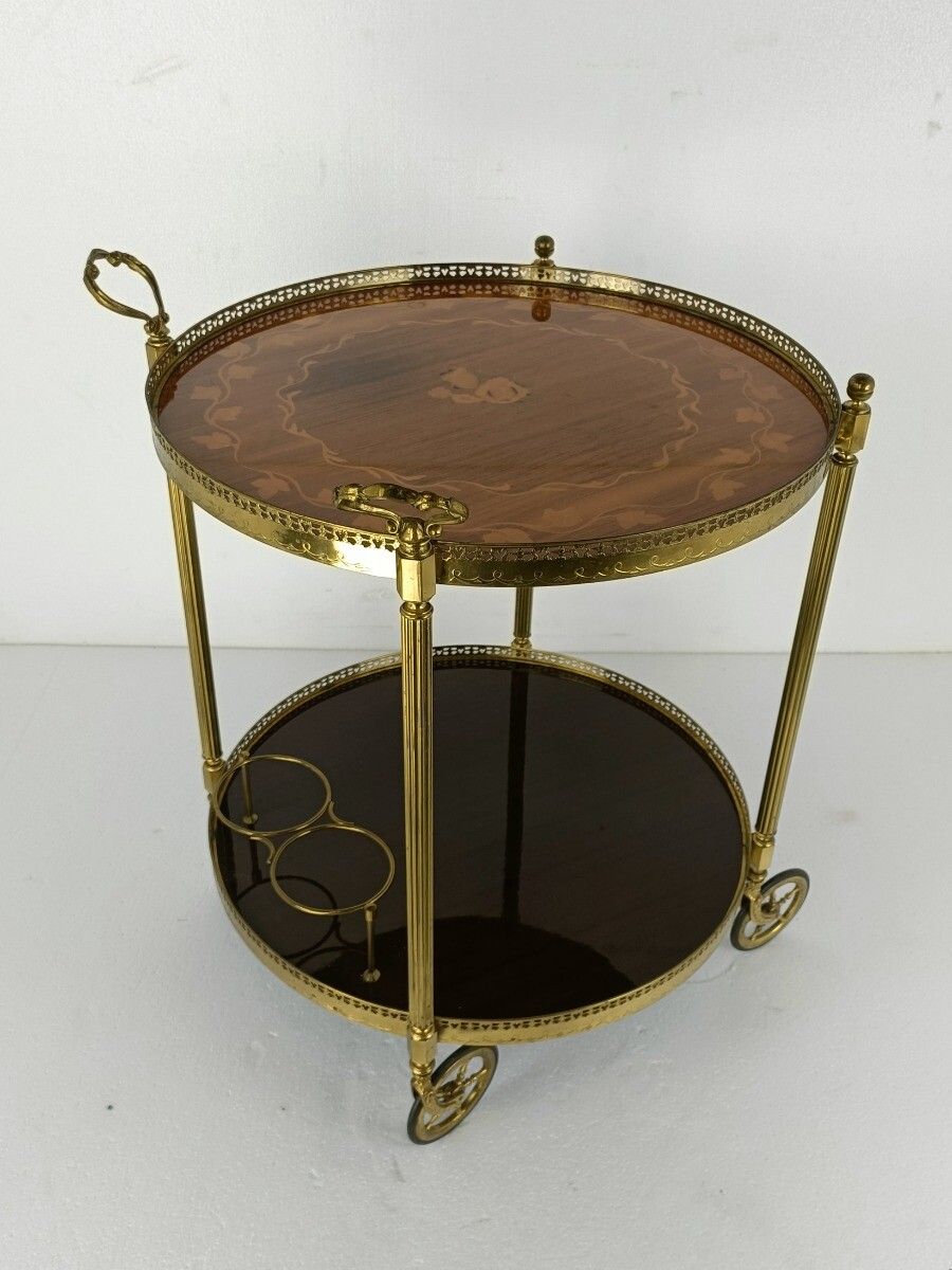 Round Italian Bar Cocktail Tea Cart Trolley Italian Hollywood Regency Marquetry photo furniture
