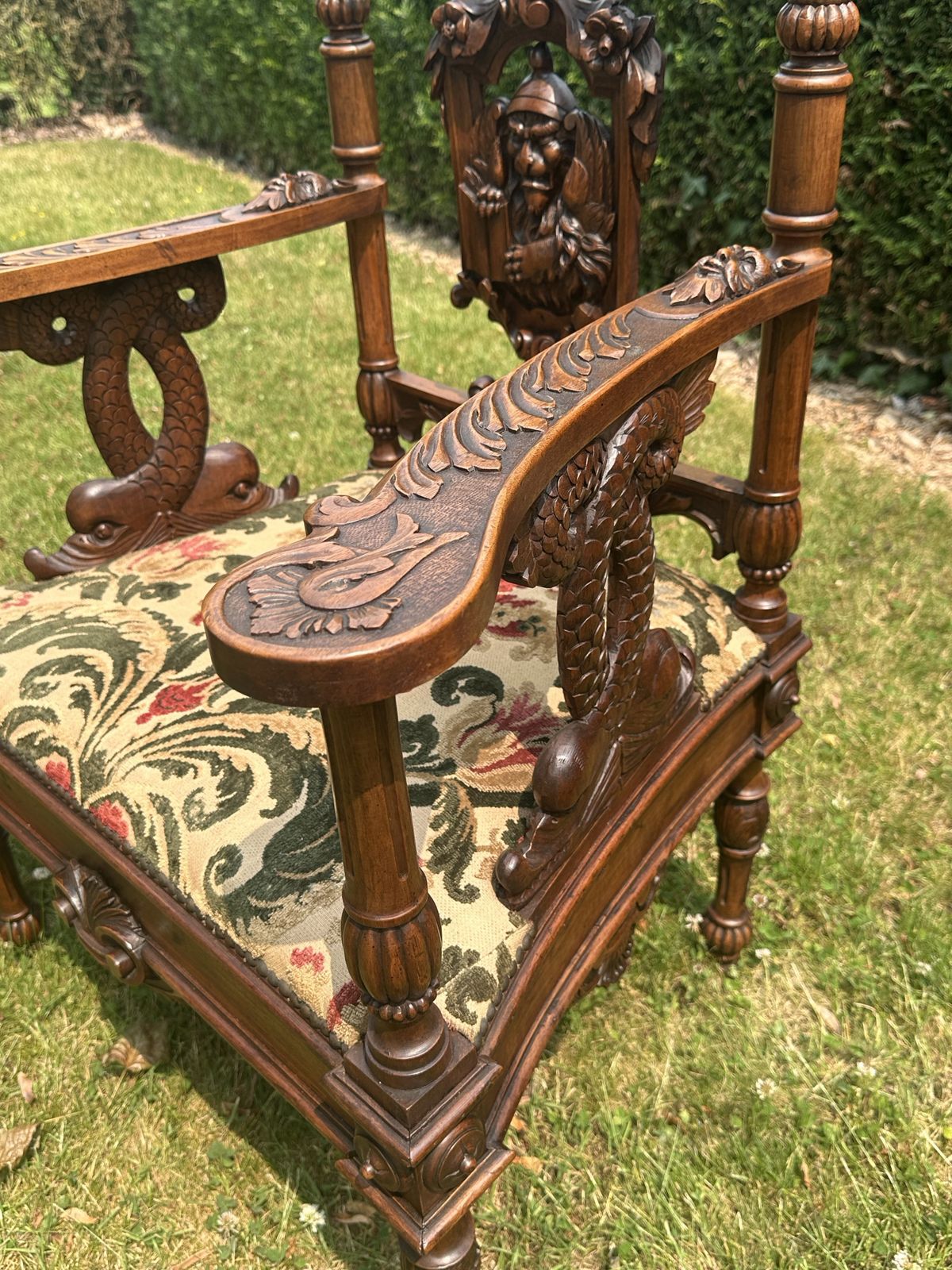 Superb Antique French Sofa & Chairs Set Neo Renaissance Figural / Fabric /Carved photo furniture